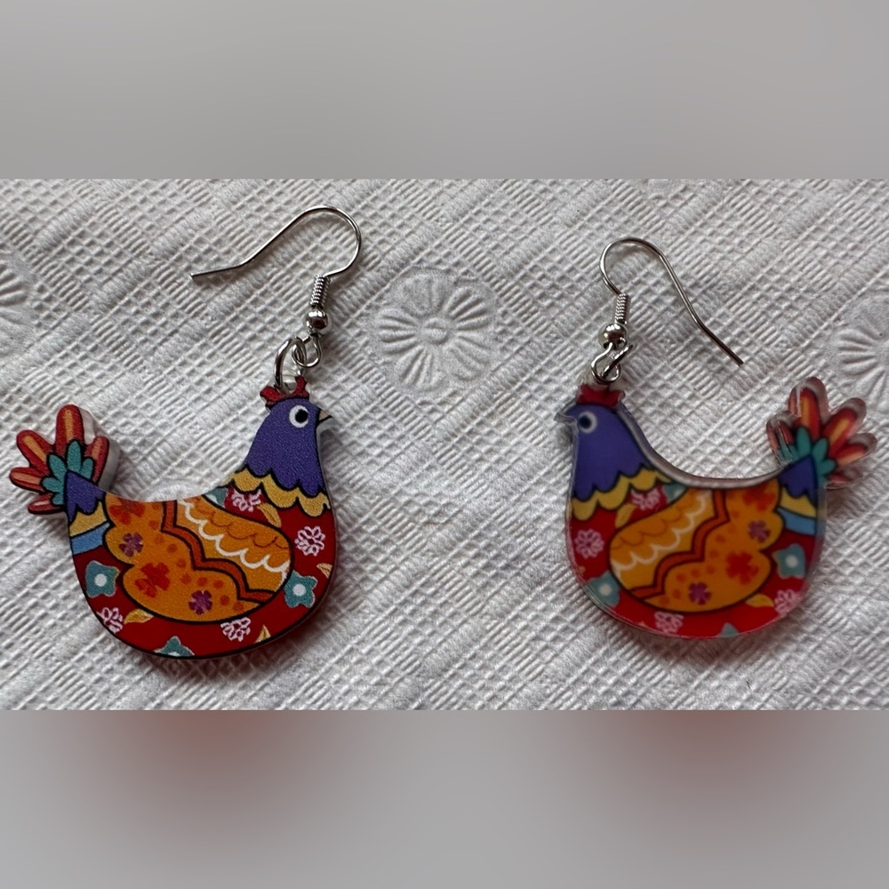 Colorful Whimsical Cartoon Hen Red Purple Orange Floral Chicken Earrings